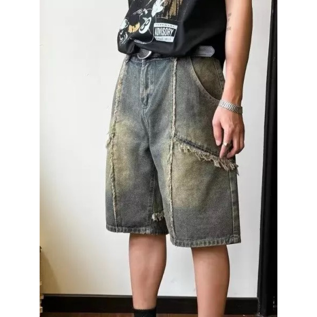(Loại 1) Quần short denim wash loang bụi bặm, form rộng hiphop, túi rách phá cách, chất jean dày dặn