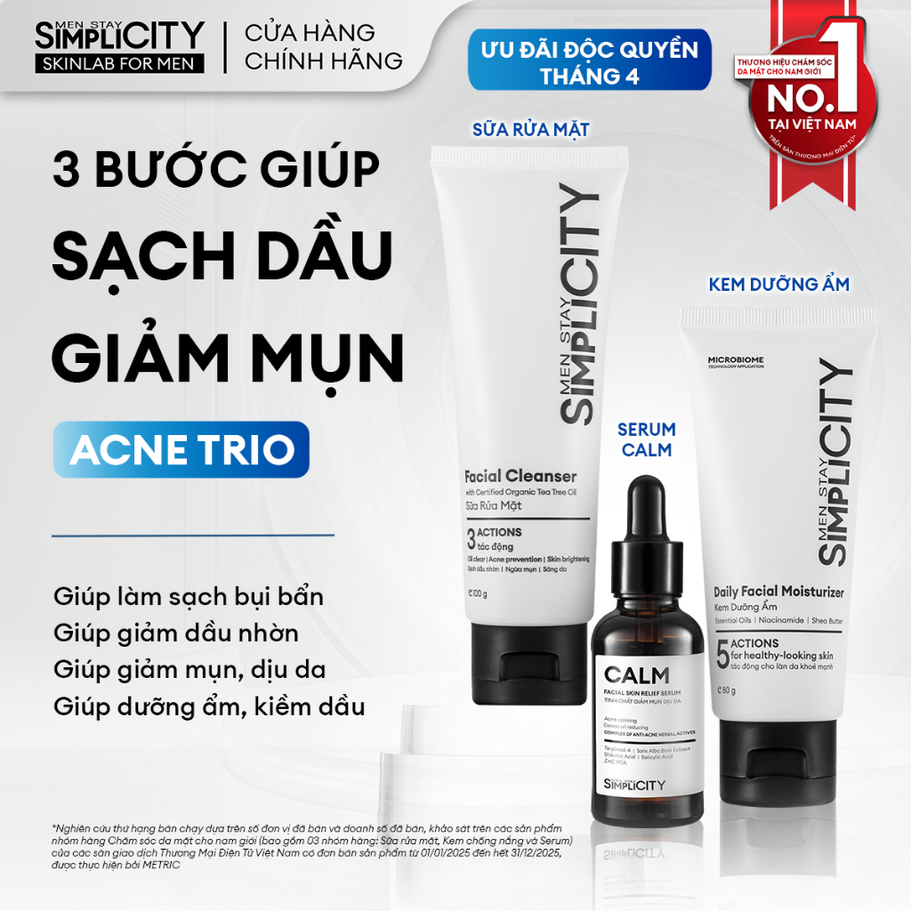 Combo Acne Trio chăm da dầu mụn cho nam Men Stay Simplicity: Sữa rửa mặt 100g, Serum Calm 30ml, Kem 