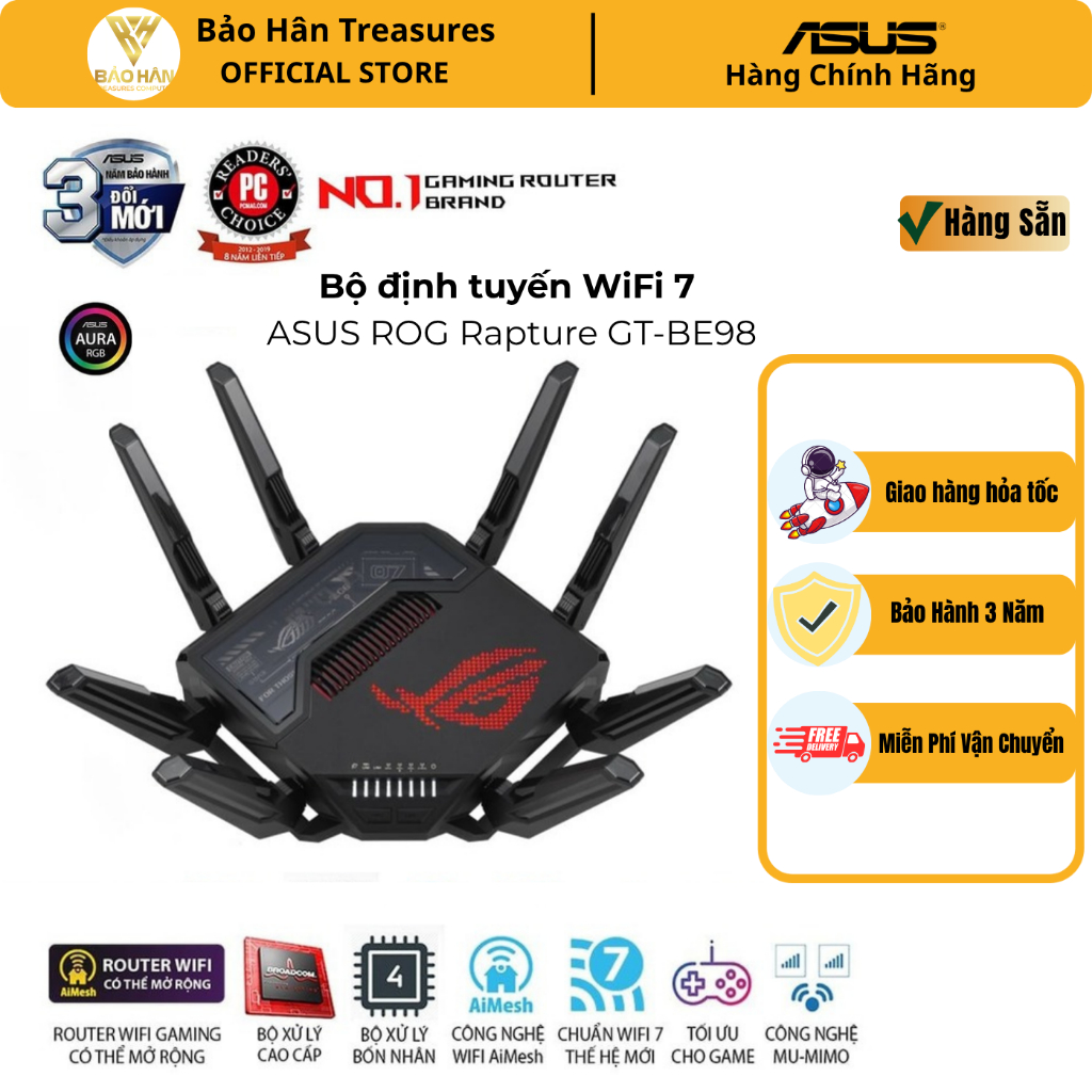 Bộ Phát Wifi ASUS ROG Rapture GT - BE98 Gaming Router, WI-FI 7 (802.11be), MESH - Hàng Chính Hãng