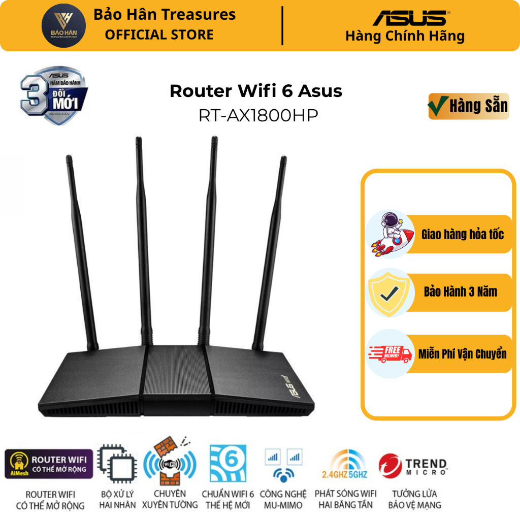 Router Wifi 6 Asus RT-AX1800HP V2 Chuẩn AX1800 Hai Băng Tần (Router WiFi Mesh mở rộng) Xuyên Tường -