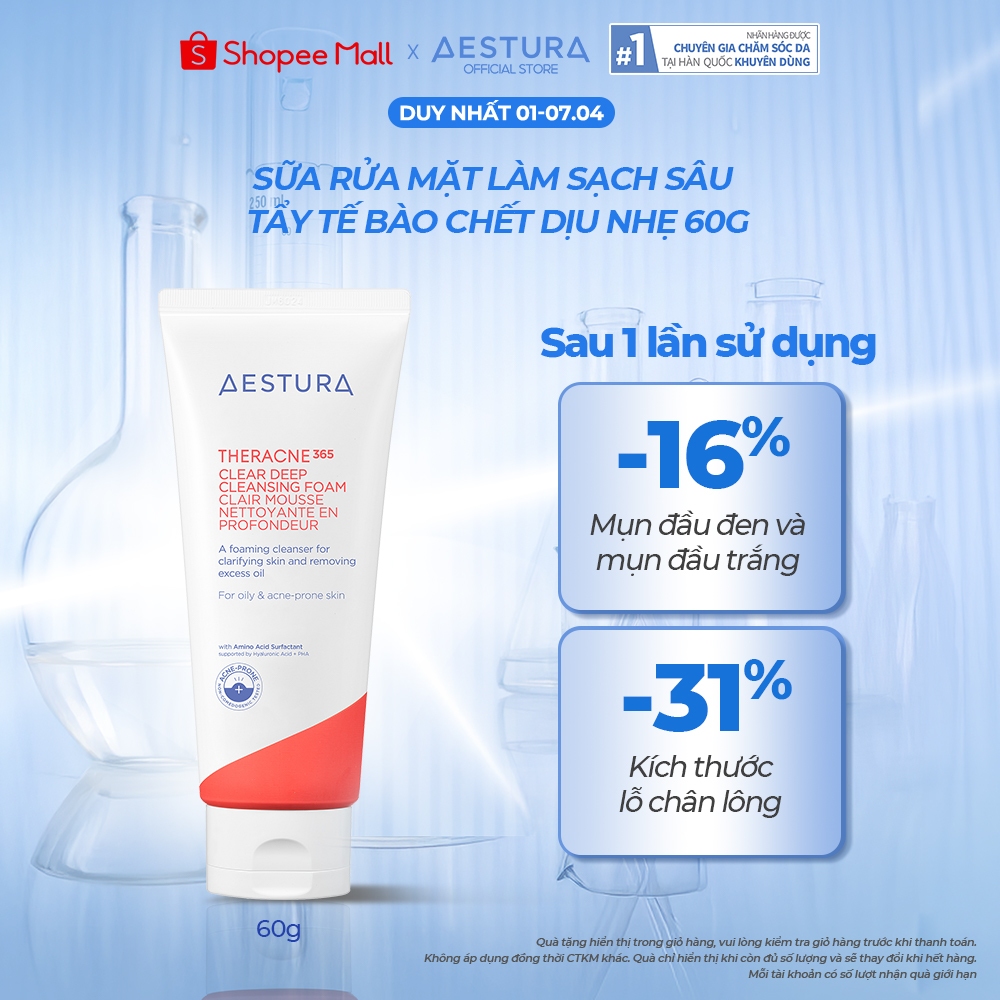 Sữa rửa mặt tạo bọt làm sạch sâu và dưỡng ẩm dành cho da dầu mụn AESTURA THERACNE365 Clear Deep Clea