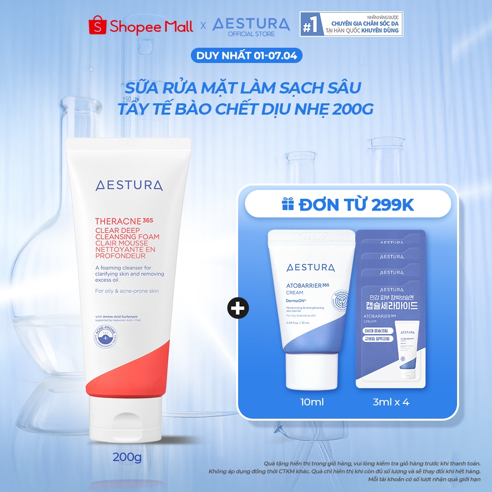 Sữa rửa mặt tạo bọt làm sạch sâu cho da dầu mụn AESTURA THERACNE365 Clear Deep Cleansing 200g