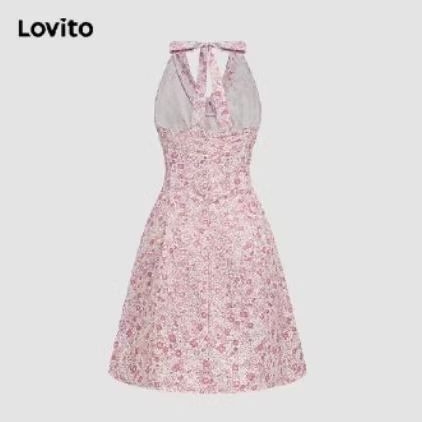 Lovito Mẫu váy thường ngày floral dạo phố cổ yếm hở lưng (Lovito Floral Halter Backless Casual Dress