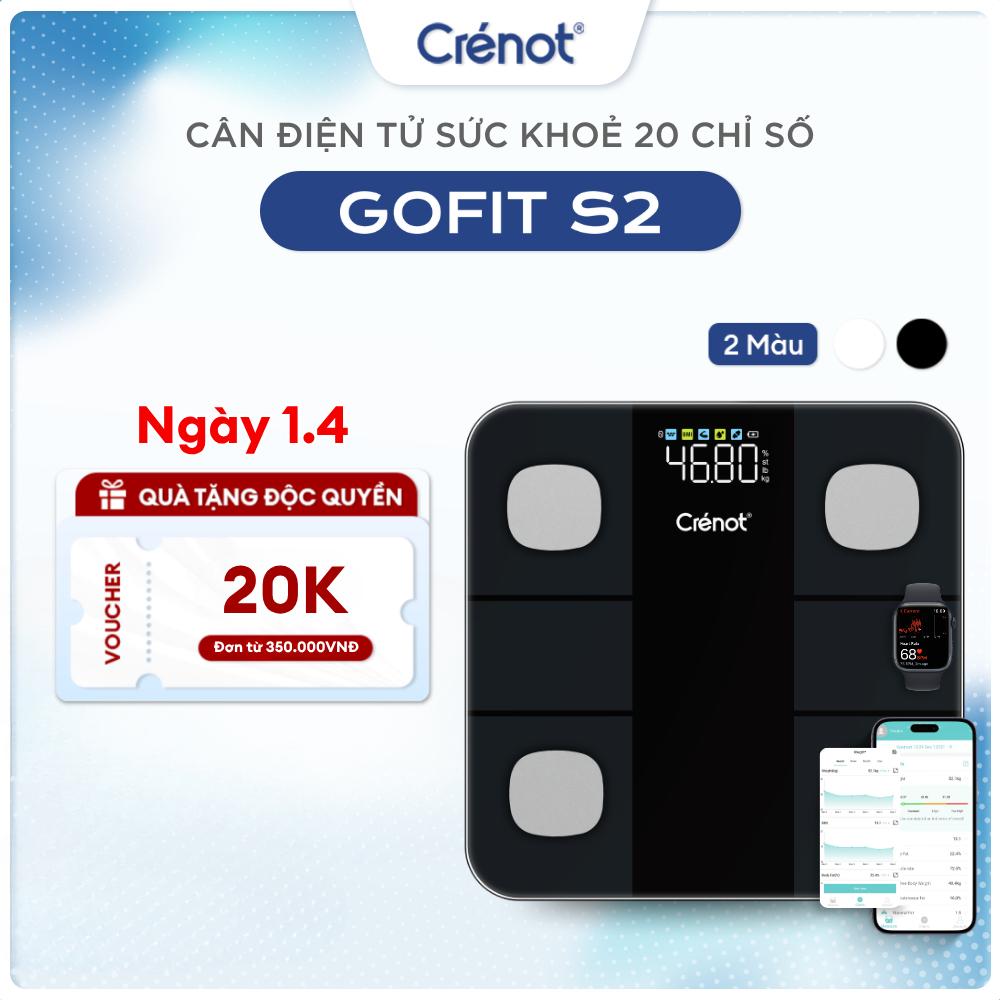 Cân điện tử sức khỏe thông minh Crenot Gofit S2 cân đo 20 chỉ số cơ thể phân tích lượng mỡ cân y tế 