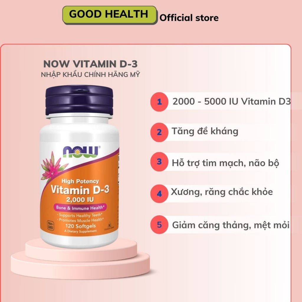 NOW Vitamin D-3 2000 IU - Viên uống D3 nâng cao sức khỏe toàn diện, tăng cường miễn dịch