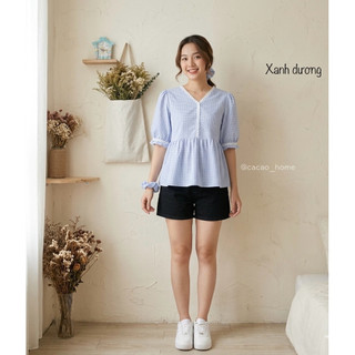 [TẶNG CỘT TÓC CÙNG MÀU ÁO]  Áo cổ V viền ren trắng tay phồng vải caro nhiều màu tặng cột tóc cùng màu áo