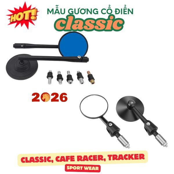 Gương xanh chống loá cao cấp gắn lô chân gương ghi đông cho xe classic, Cafe racer, Tracker R32