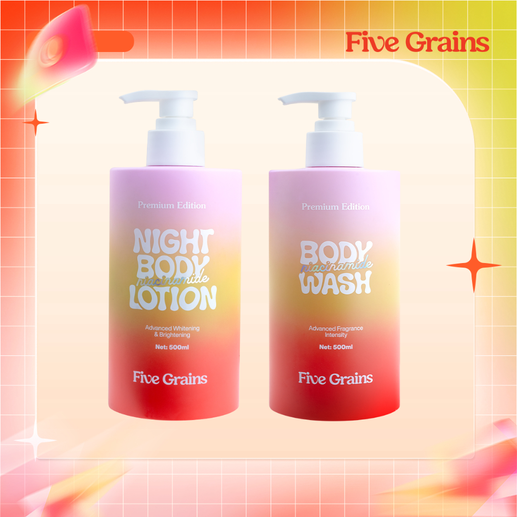Combo dưỡng trắng da body sữa tắm, kem dưỡng ban đêm Five Grains Niacinamide, Alpha-Arbutin 500ml
