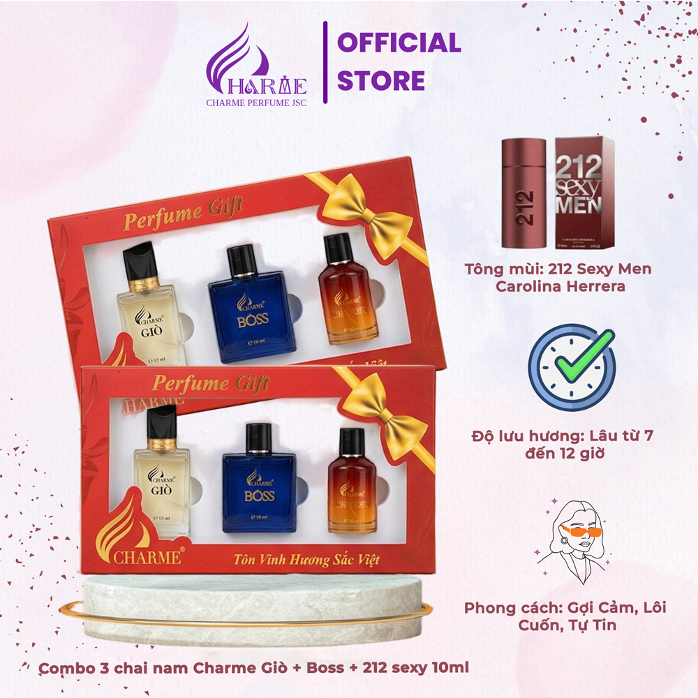 [MUA 1 ĐƯỢC 3] Combo 3 Chai Nước Hoa Nam Charme 10ml - Giò, Boss, 212 Sexy - Đẳng Cấp Phái Mạnh