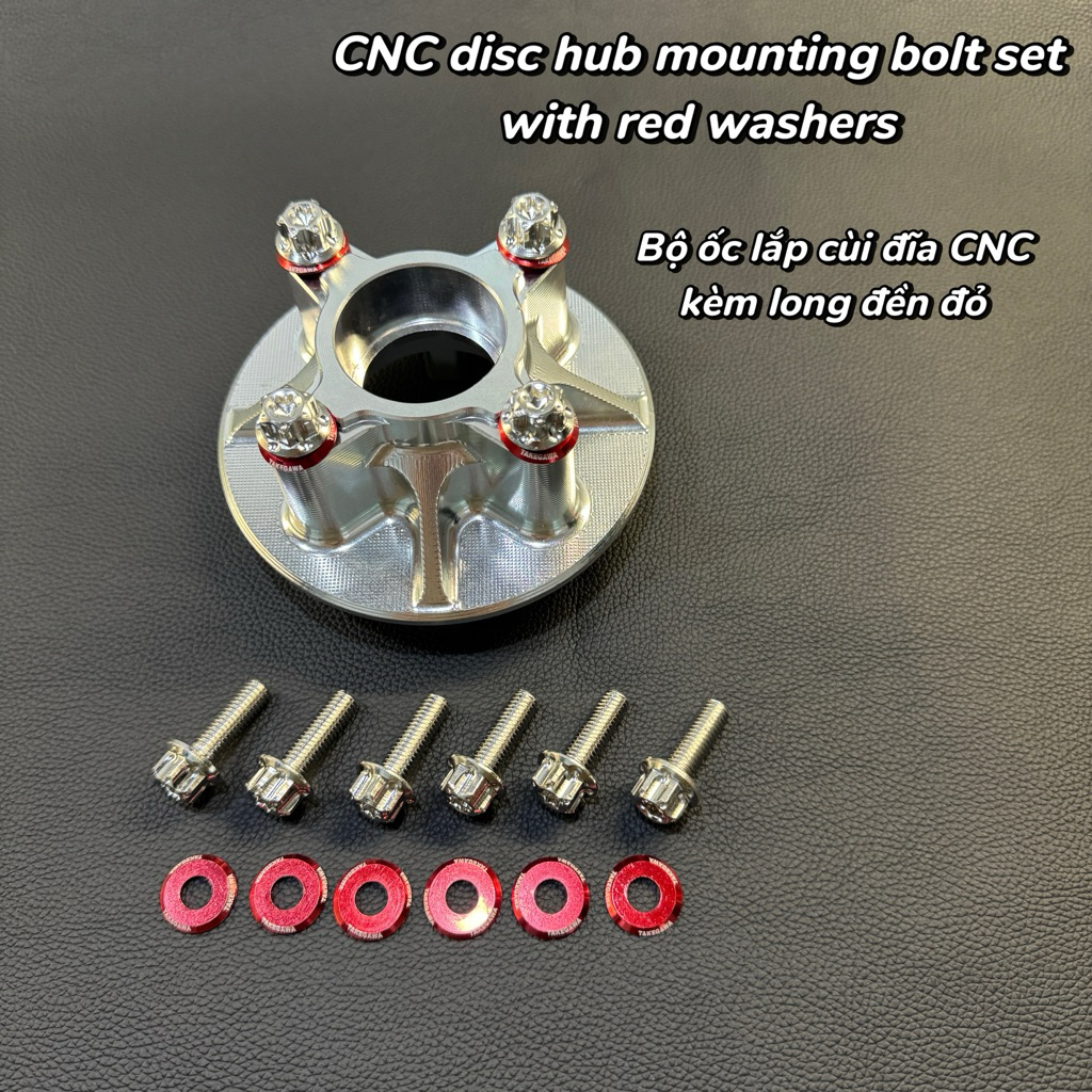 Bộ ốc salaya lắp cùi đĩa CNC kèm long đền đỏ cho Exciter 135-150-155, Lc v7-v8, Yzr 15