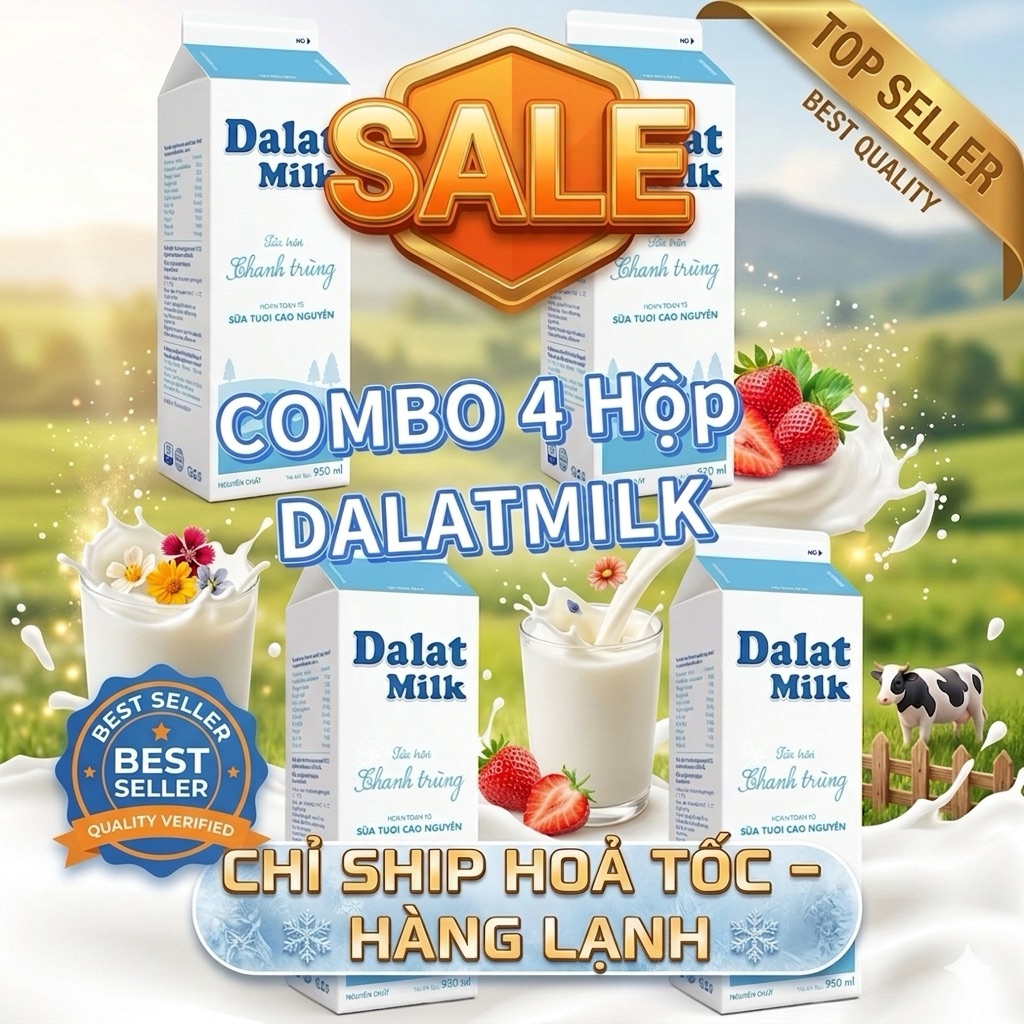 Set 4 hộp -Sữa Thanh Trùng Dalat Milk Không Đường 950ml (4 hộp)