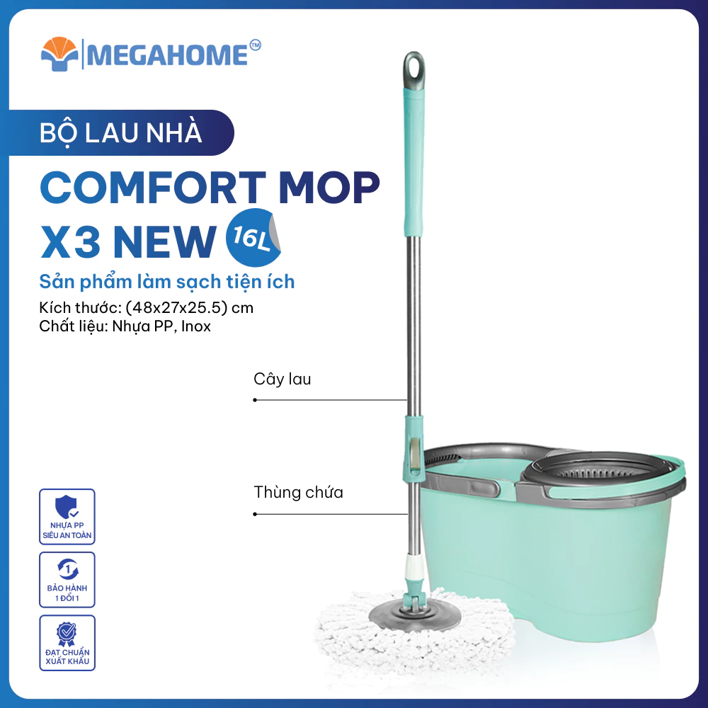 Bộ Lau Nhà Comfort Mop X3 MEGAHOME Xoay 360 Độ, Cây Lau Siêu Nhẹ, Tiết Kiệm Nước