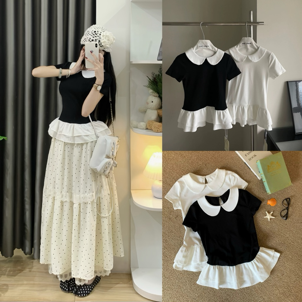 | Hình thật Hta.boutique | Áo kiểu cổ sen tay ngắn viền bèo thun mì dáng ngắn dễ thương