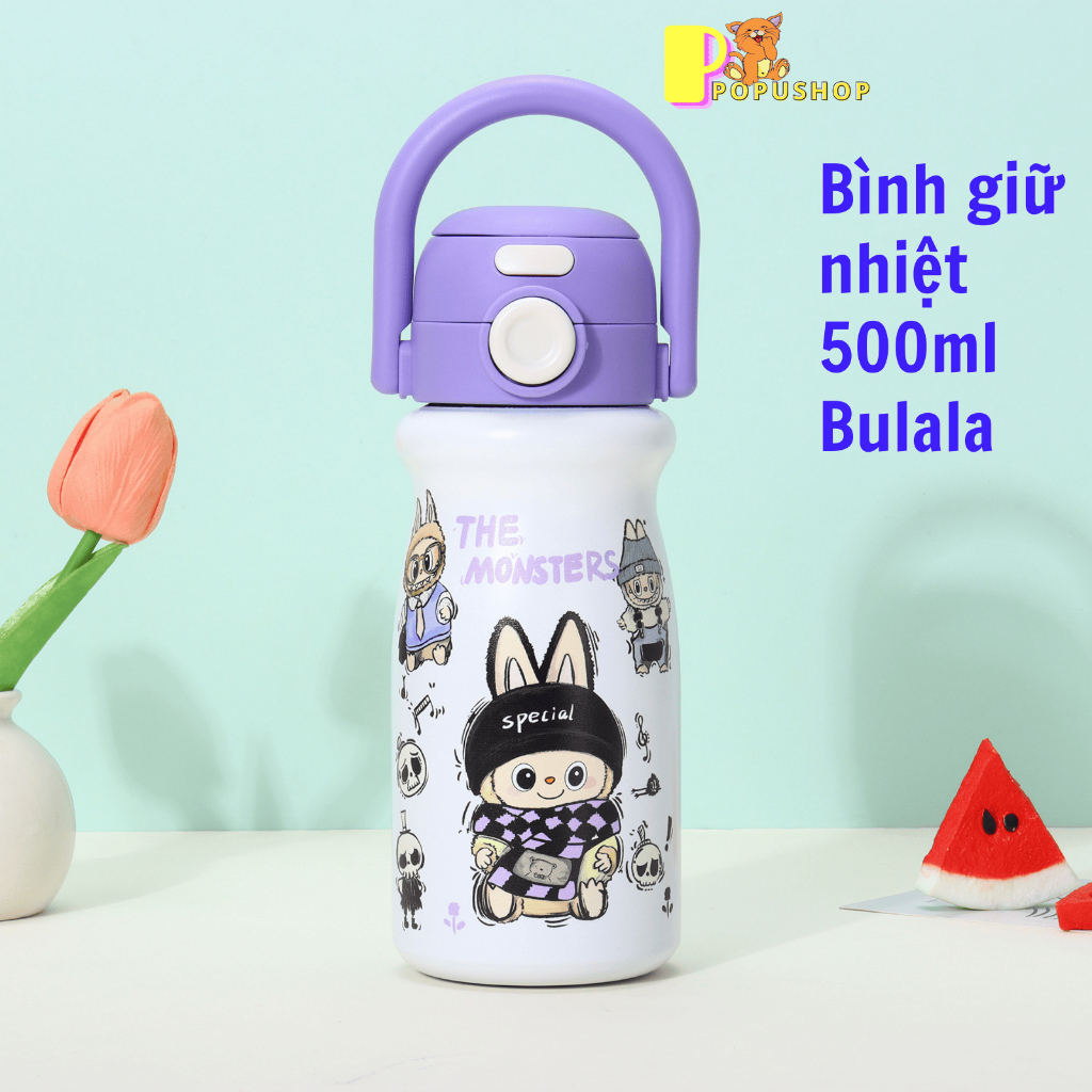 Bình giữ nhiệt 500ml inox 316 Bulala nắp kép có quai xách, bình giữ nhiệt cho bé hình labubu inox 31