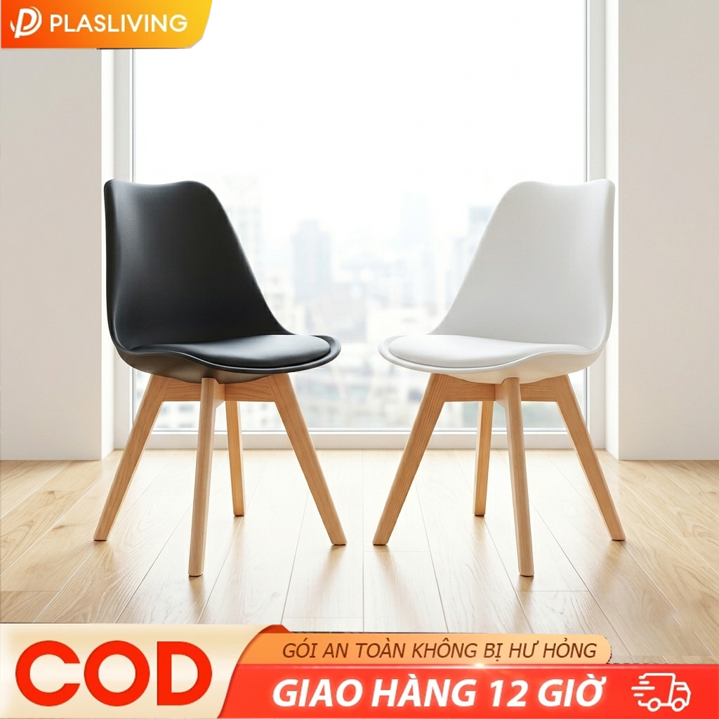 PlasLiving Ghế ăn Ghế nhựa Ghế bàn ăn tựa lưng nhựa chân gỗ tự nhiên đệm ngồi êm phong cách Bắc Âu | BigBuy360 - bigbuy360.vn