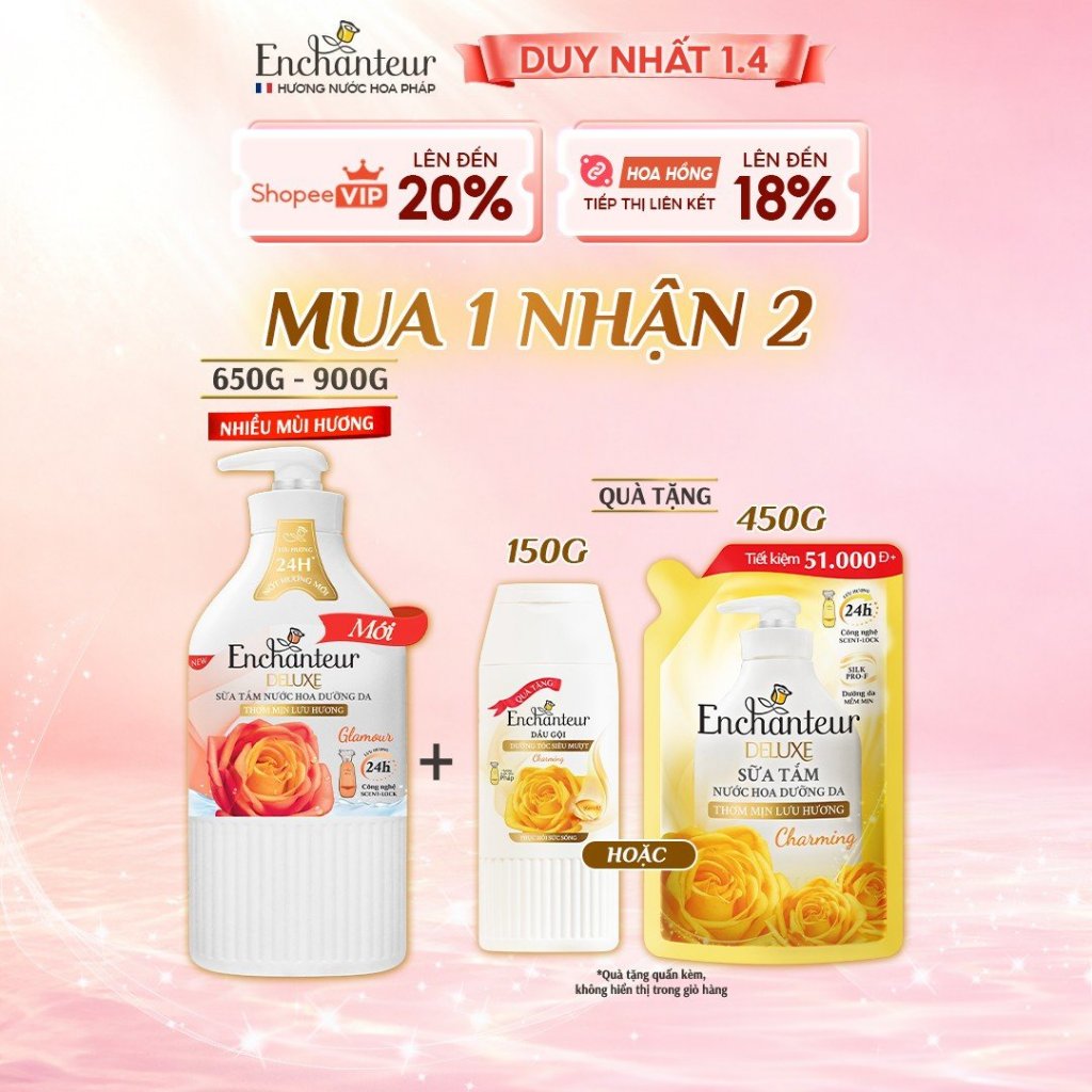 [TẶNG Chai 150g/Túi 450g] Sữa tắm hương nước hoa Pháp Enchanteur Deluxe 650g /900g (Tặng mùi ngẫu nh