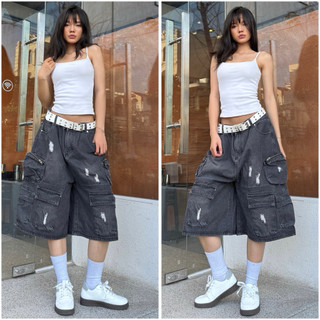 (ẢNH THẬT) Quần Lửng túi hộp đen bạc, chất jean dày dặn, siêu cá tính,  unisex nam nữ đều mặc được