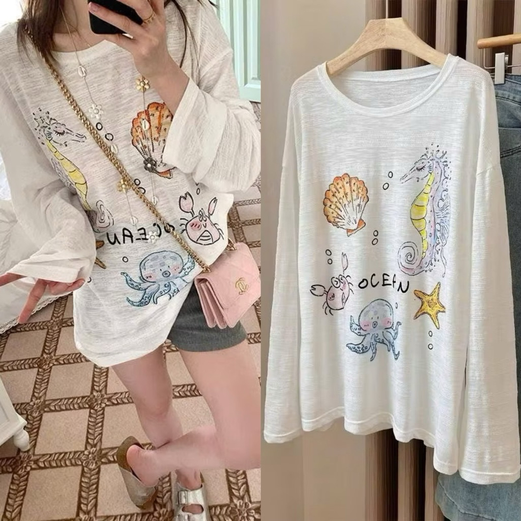 Áo thun dài tay form rộng chất thun giấy in hình cá ngựa thiết kế thoải mái dành cho nữ