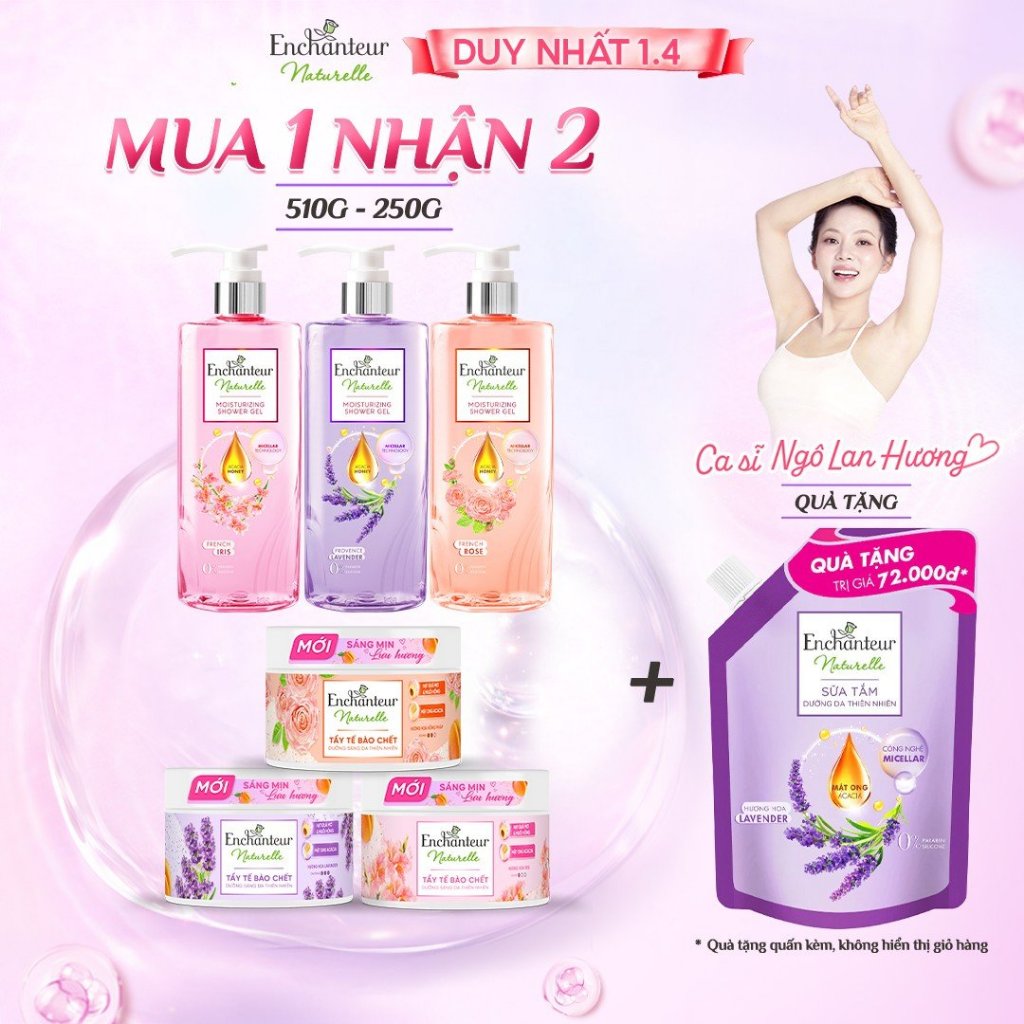 Sữa tắm dưỡng da thiên nhiên Pháp Enchanteur Naturelle hương hoa Lavender/Iris/ Rose 510g