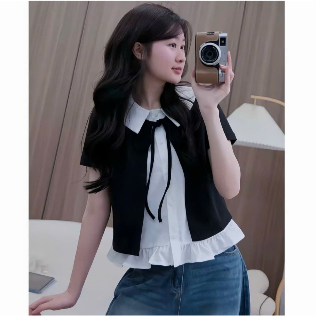 Áo kiểu nữ phối cổ bèo phối sơ mi thun nỉ cộc tay