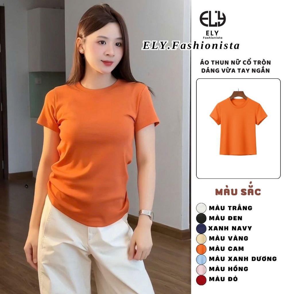 Áo phông nữ cổ tròn tay ngắn ôm body kiểu basic vải thun cotton borip cao cấp co giãn 4c không bai nhão trắng đen ELY207 | BigBuy360 - bigbuy360.vn