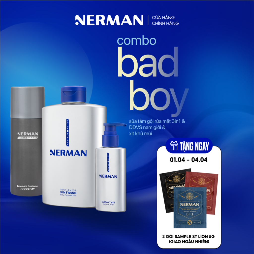 Combo Badboy Nerman - Sữa tắm gội cho nam 350ml & Gel vệ sinh 60S Fresh 100ml & Xịt khử mùi toàn thâ