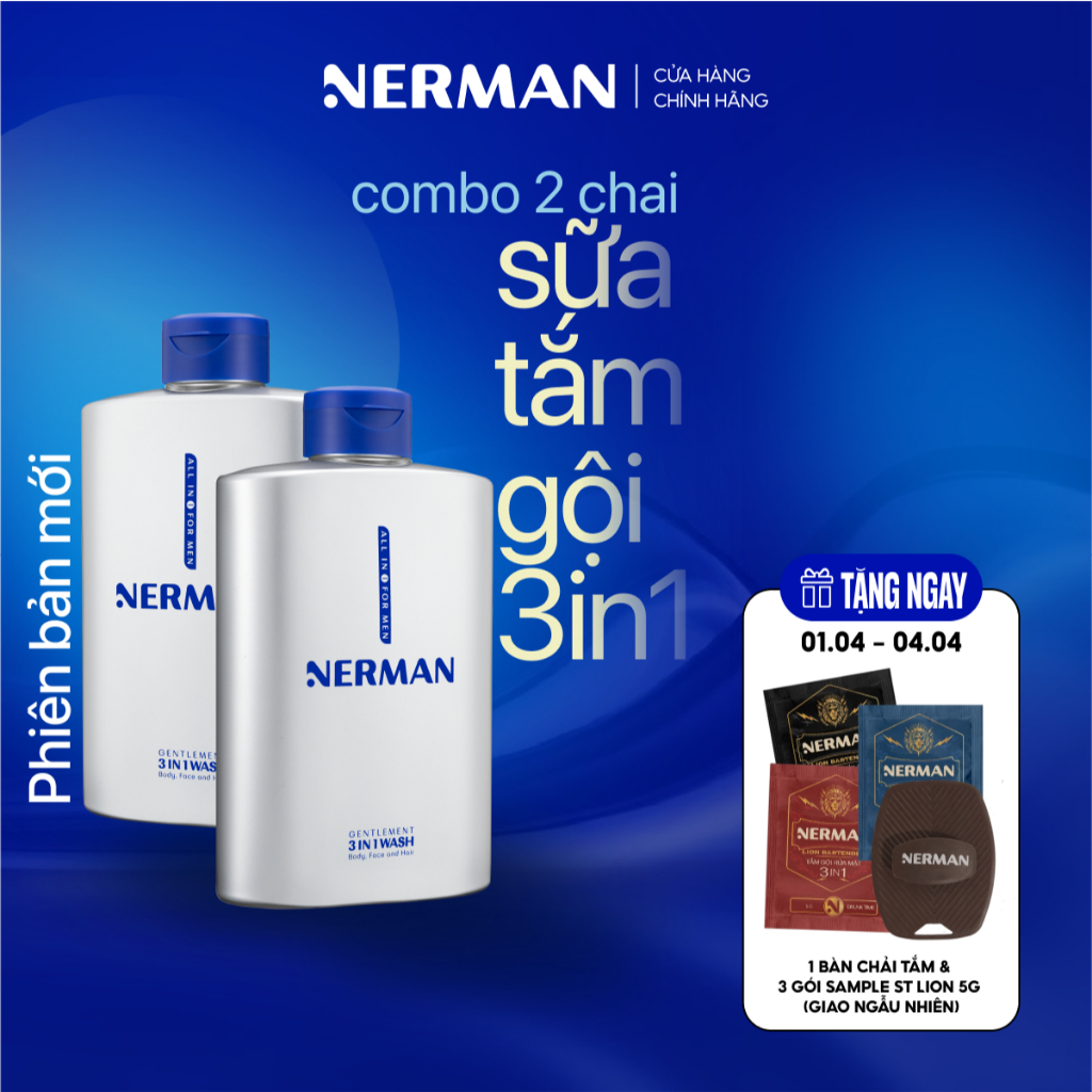 Combo 2 chai sữa tắm gội nam giới hương nước hoa Gentleman 3 in 1 Nerman 350ml
