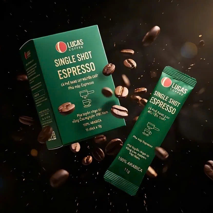 LUCAS COFFEE Cafe rang xay Arabica 11g - Single Shot Espresso - 100% Arabica - Gói stick pha máy