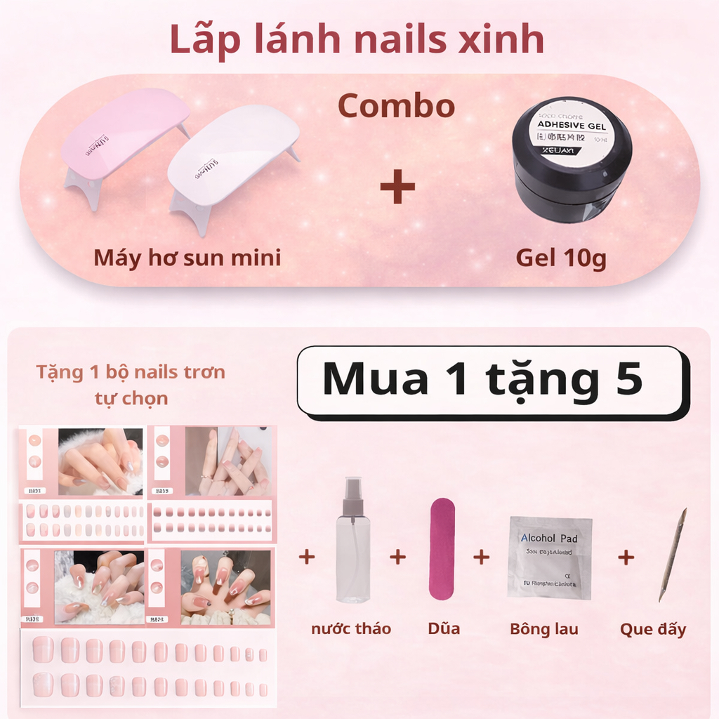 COMBO MÁY HƠ SUN MINI KÈM GEL DÁN MÓNG 10G TẶNG 1 BỘ MÓNG ÚP BẤT KỲ, NƯỚC THÁO MÓNG VÀ PHỤ KIỆN LÀM MÓNG TẠI NHÀ