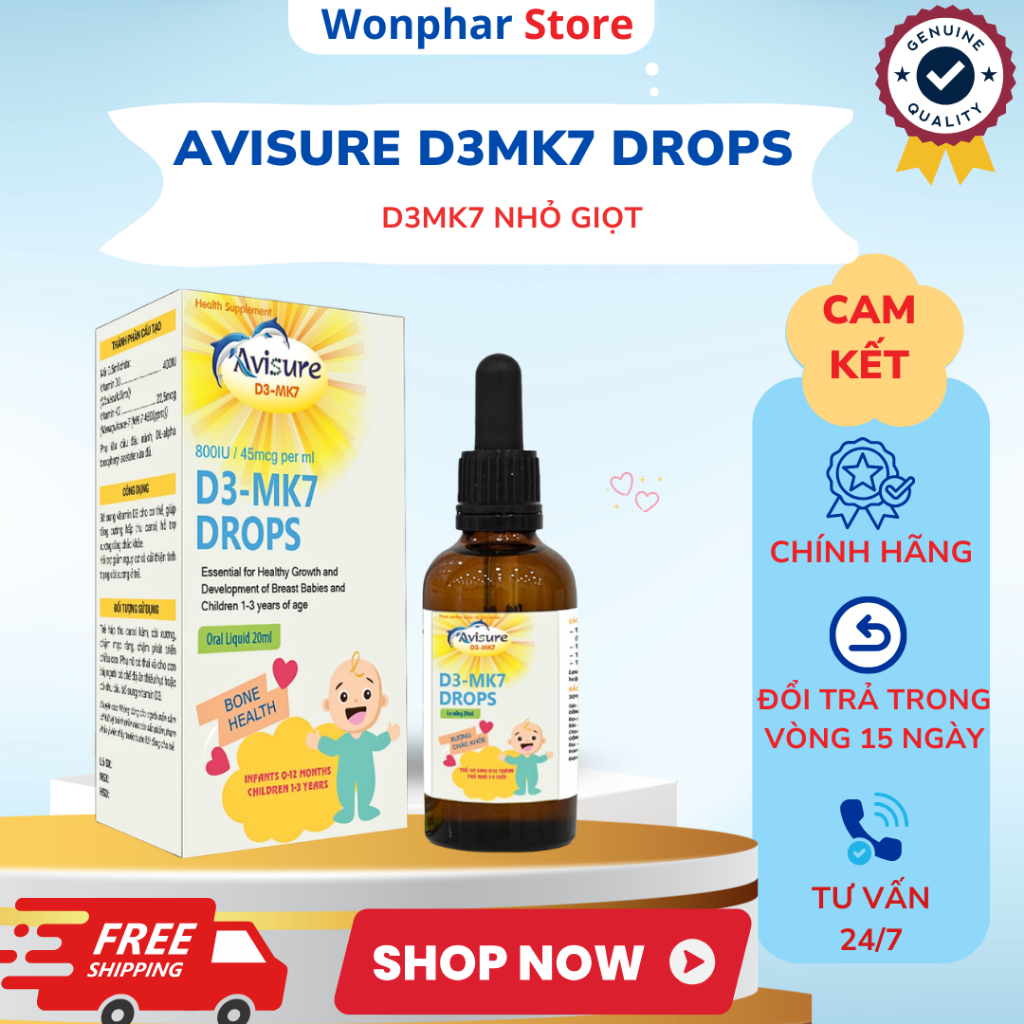 Avisure D3MK7 – Vitamin D3 & K2 MK7 Cho Trẻ, Hỗ Trợ Hấp Thu Canxi, Phát Triển Chiều Cao Lọ 20ml