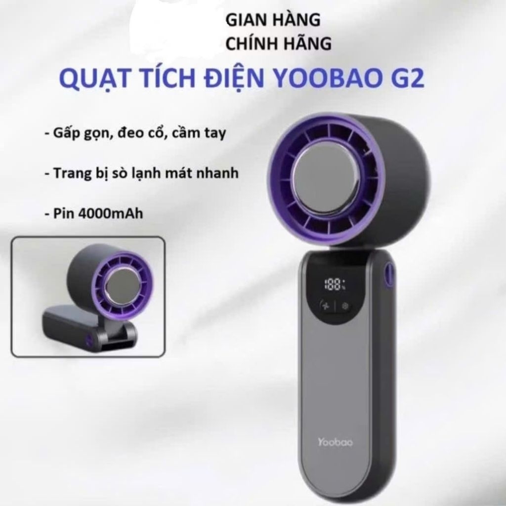 Quạt sò Lạnh Yoobao G2, Quạt Mini gấp gọn , tích điện cầm tay dung lượng 4000mah, quạt liên tục từ 3h đến 8h