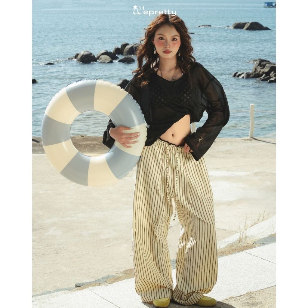 Q06 SEASALT PANTS Quần kẻ ống rộng vải thô đũi mềm mại phong cách mùa hè phù hợp biển Wepretty Cloth