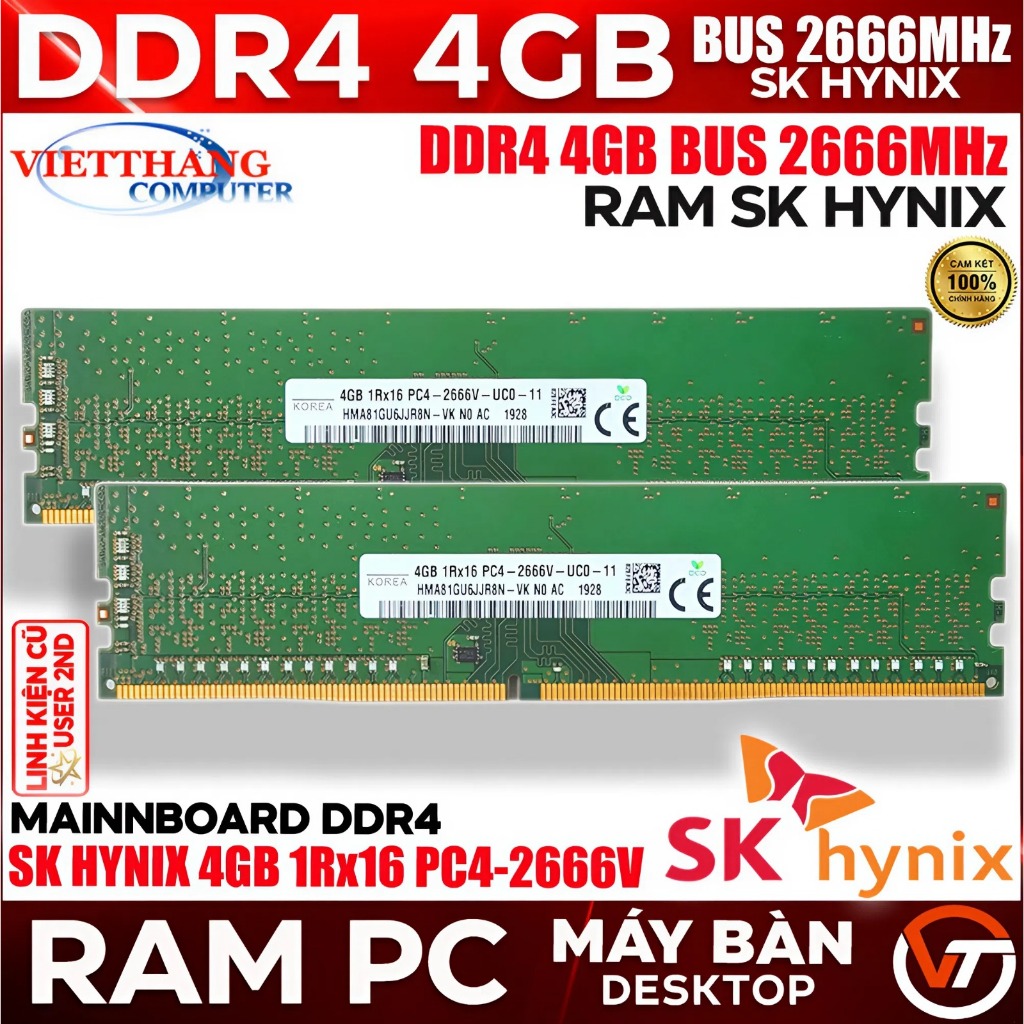 Ram Máy Tính SK hynix 4GB DDR4 Bus 2666MHz Cũ qua sử dụng chạy Main H110, H310 ... ( Cũ - 2nd )