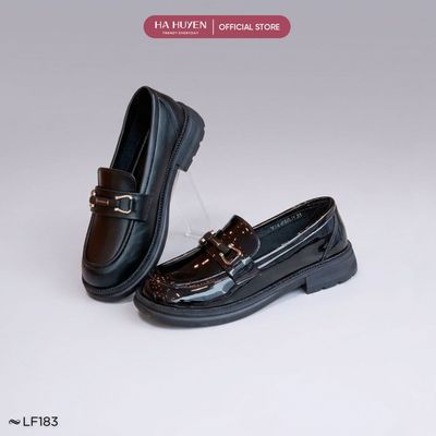 Giày Loafer nữ HÀ HUYỀN da bóng phối da lì chữ H ngang 3cm - LF183
