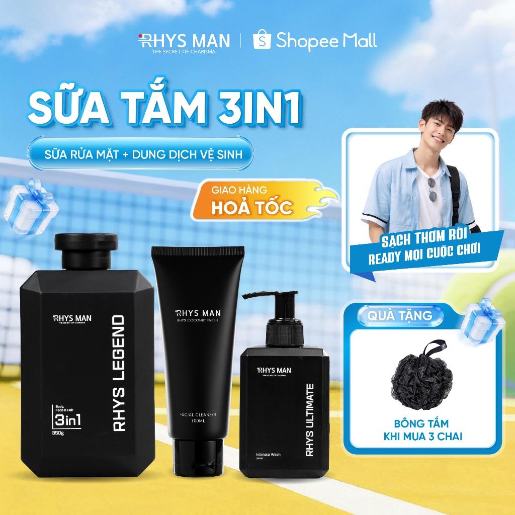 Sữa tắm gội nam 3in1 Rhys Man 350ml & Dung dịch vệ sinh nam bạc hà 120ml Rhys Ultimate RHYSMAN