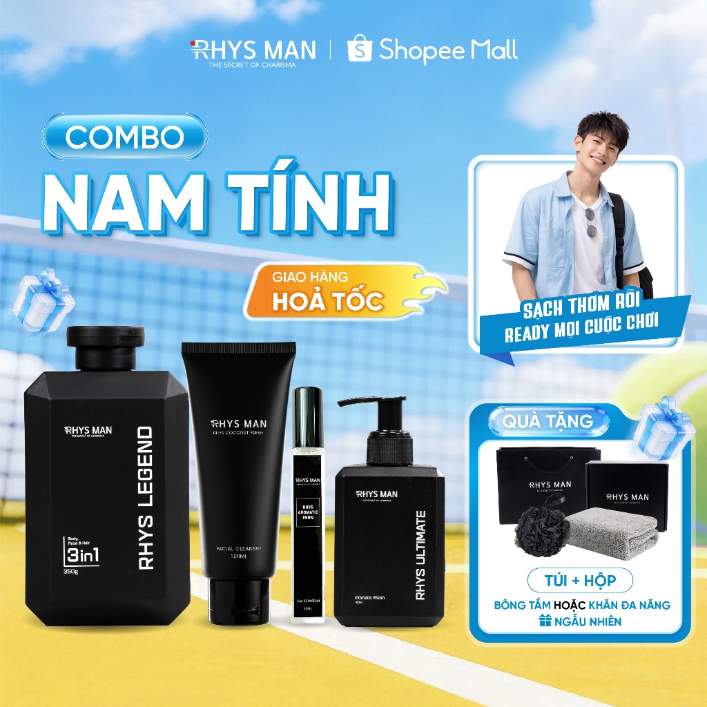 Bộ quà tặng-Sữa tắm gội 3in1 350ml & Sữa rửa mặt 100ml & Dung dịch vệ sinh 120ml & Nước hoa nam RHYS