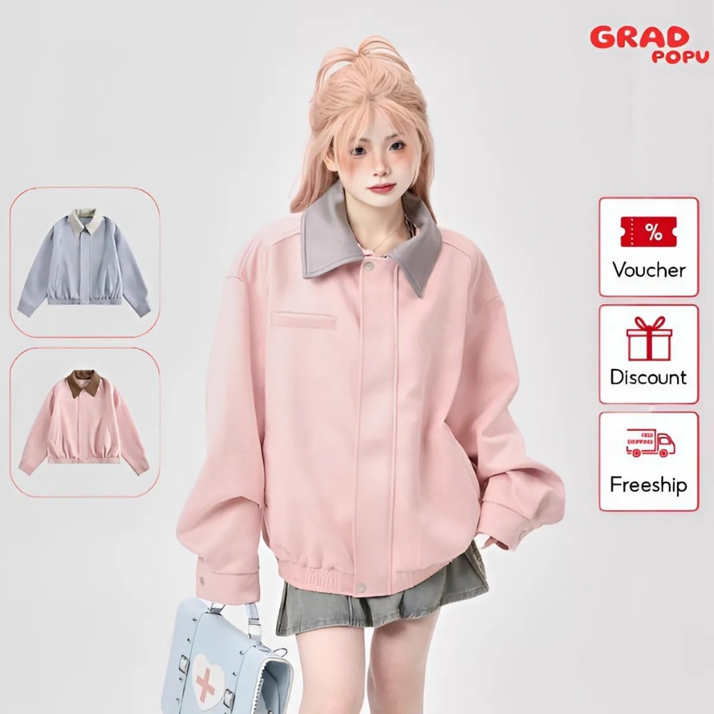 Áo khoác bomber nữ 𝑮𝑹𝑨𝑫𝑷𝑶𝑷𝑼 PAK30 thiết kế cổ bẻ 2 màu có thể tháo rời đa năng chất da lộn giữ ấm gi