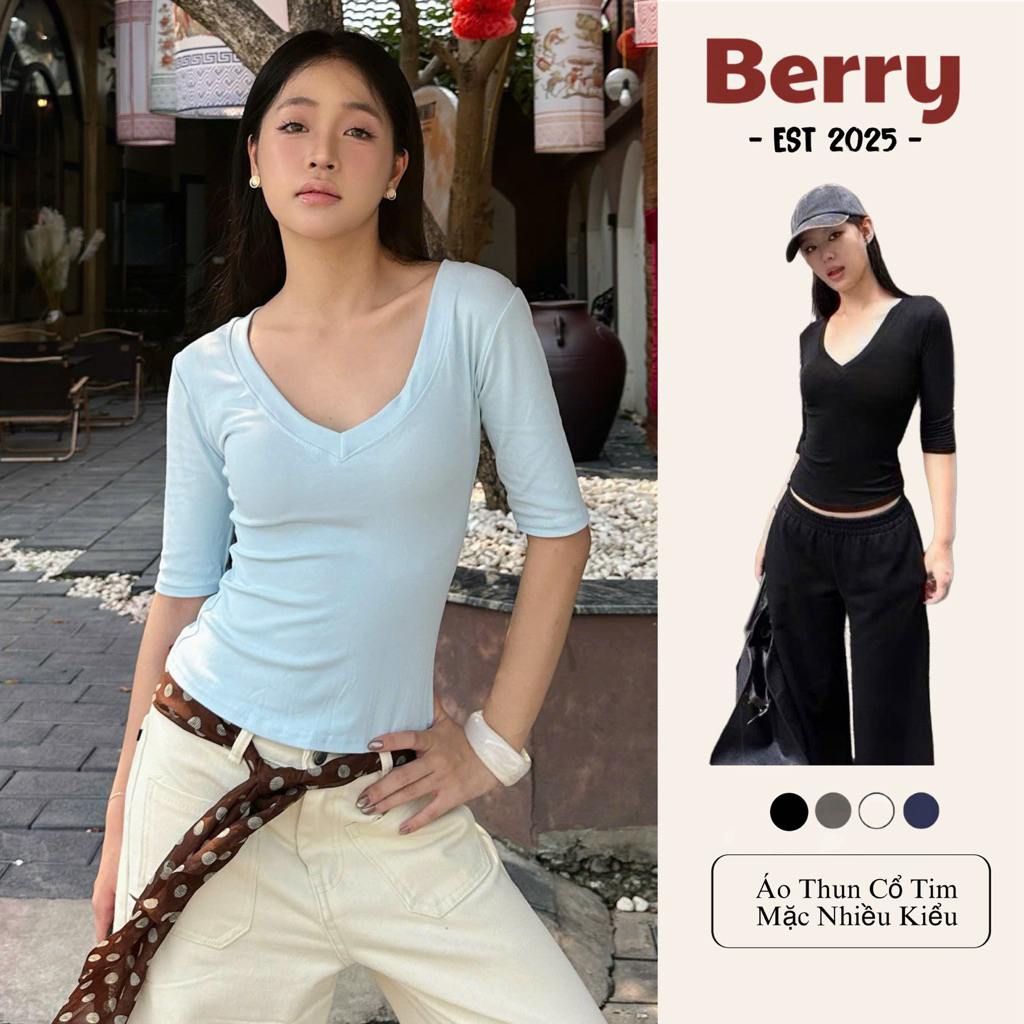 Áo Thun ( Mặc 2 Kiểu ) Lửng Tay Chất Cotton Zip Co Giãn, Mềm, Mịn, Dáng Trơn  ( Thun Trơn Lửng Tay Cổ Tròn- Cổ Tim ) | BigBuy360 - bigbuy360.vn