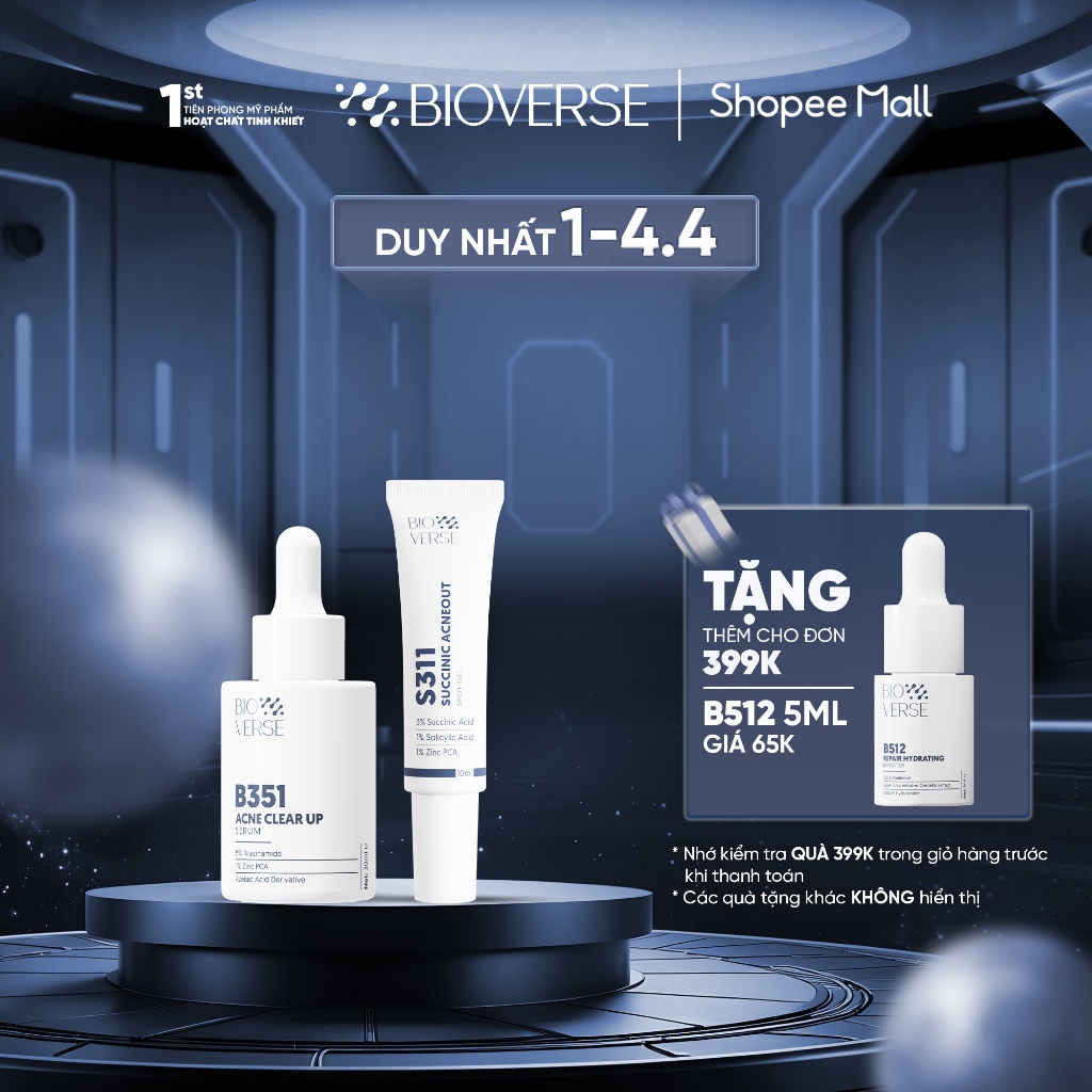 Bioverse Bộ Đôi Tinh chất B351 Acne Clear Up 30ml Và Gel Chấm Mụn S311 Succinic Acneout 10ml Hỗ Trợ 