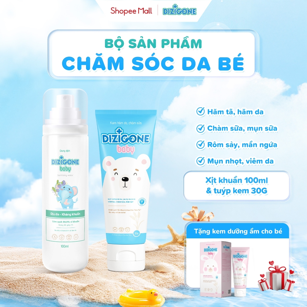 [COMBO] Xịt kháng khuẩn DIZIGONE Baby 100ml & Kem DIZIGONE Baby 30g: Đẩy lùi hăm tã, chàm sữa, chăm 