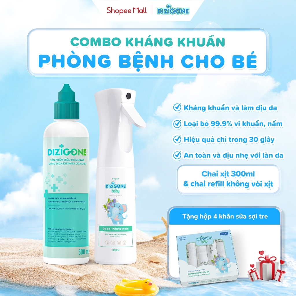 [COMBO] Xịt kháng khuẩn DIZIGONE Baby 300ml & Dung dịch kháng khuẩn DIZIGONE: Xịt tay chân, đồ chơi,