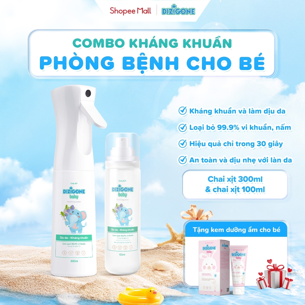 [COMBO] Xịt kháng khuẩn DIZIGONE Baby 100ml & Xịt kháng khuẩn DIZIGONE Baby 300ml: Xịt tay chân, đồ 
