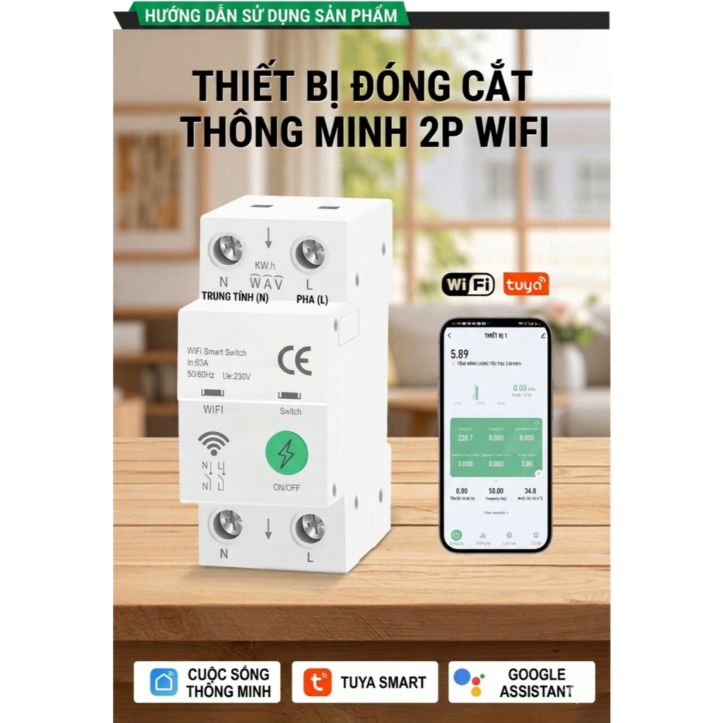 CB Aptomat Tuya Wifi 63A Đo điện – Bật tắt điều khiển từ qua app tuya, smart life