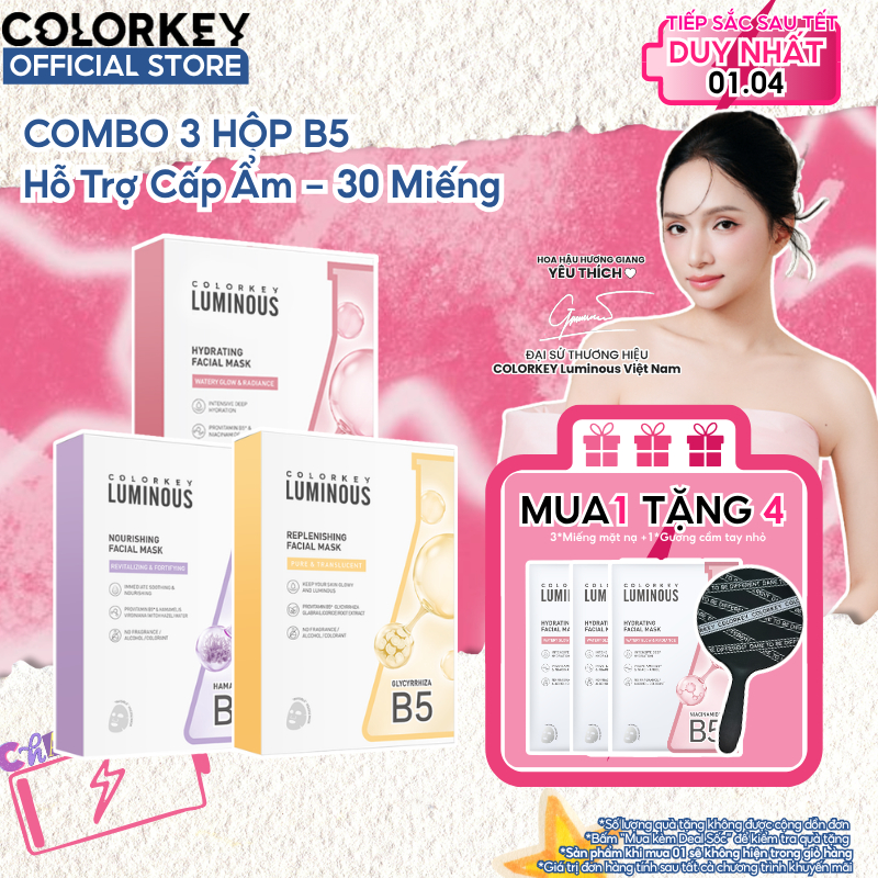 3 Hộp 3 Màu Mặt Nạ Giấy COLORKEY LUMINOUS Vitamin B5 Giúp Cấp Ẩm, Hỗ Trợ Làm Sáng Da 10 miếng