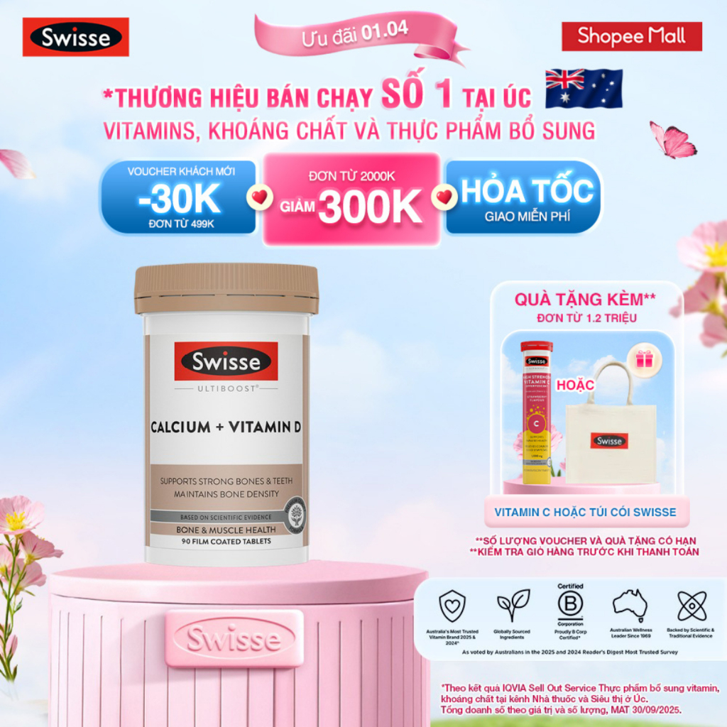 Viên uống hỗ trợ giúp duy trì mật độ xương Swisse Ultiboost Calcium + Vitamin D3