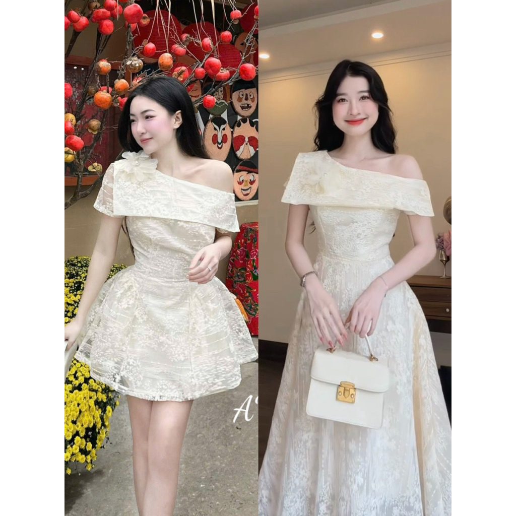Váy nữ (SẴN SHIP) VÁY LỆCH VAI REN TẶNG HOA CÀI KÈM ẢNH THẬT SHOP CHỤP CHUẨN MẪU MẶC LOẠI 1 AV Desig