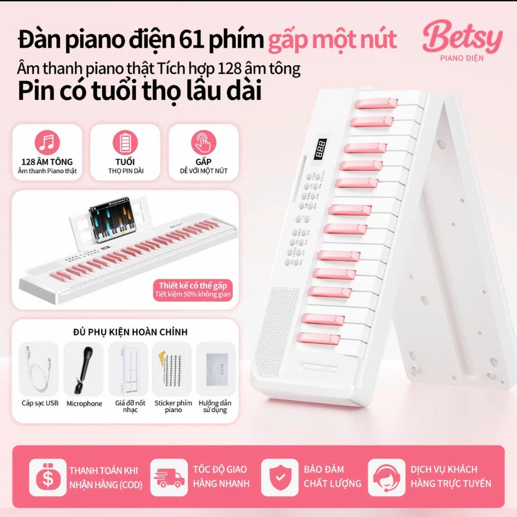 Đàn Piano Điện BETSY Gấp Gọn 61 phím, Phím cảm ứng lực - Tặng Khoá Học Online