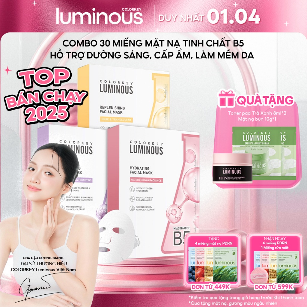 Mặt Nạ Giấy COLORKEY LUMINOUS | COMBO 3 HỘP| Tinh Chất Vitamin B5 Cấp Ẩm Cho Da Mịn Màng 25ml x 30 m
