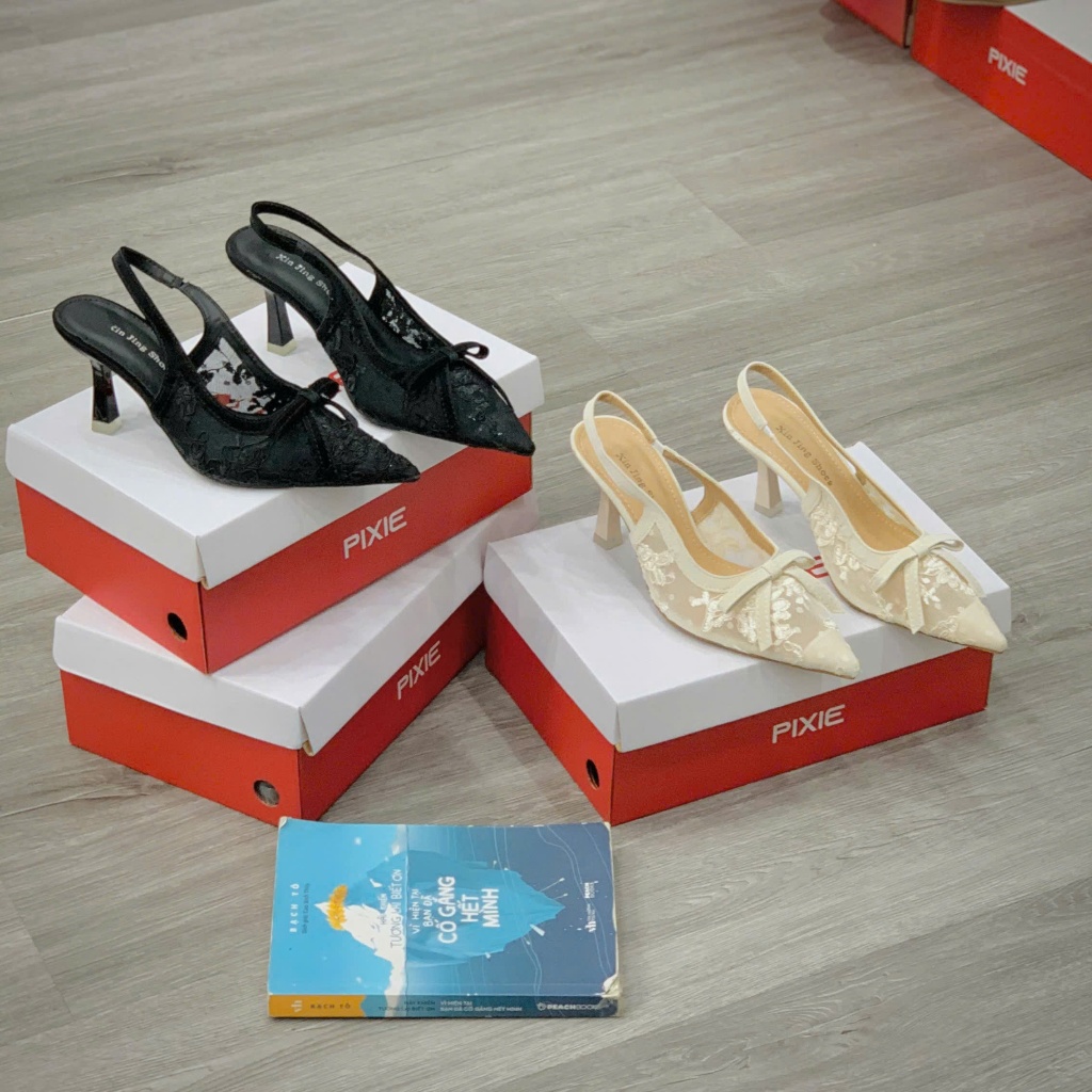 Giày Cao Gót Nữ Slingback 7cm Phối Voan Đính Nơ Thanh Lịch C255 QCCC
