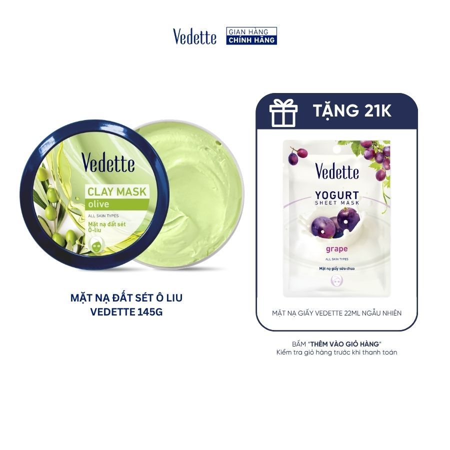 Mặt nạ đất sét Vedette Olive 145g hút dầu thừa và chất bẩn, nuôi dưỡng làn da. Dùng cho mọi loại da.